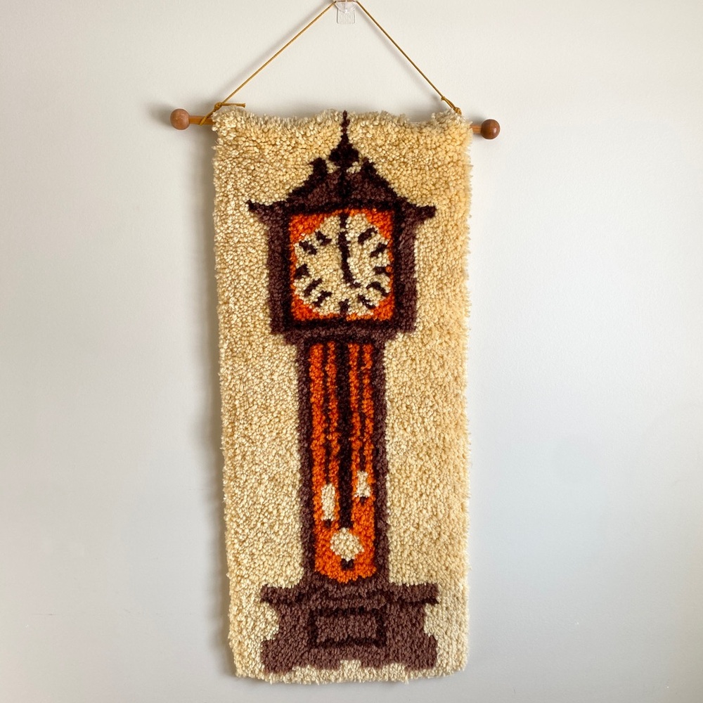 Vintage Grandfather Clock Latch Hook Rug Wall Hanging